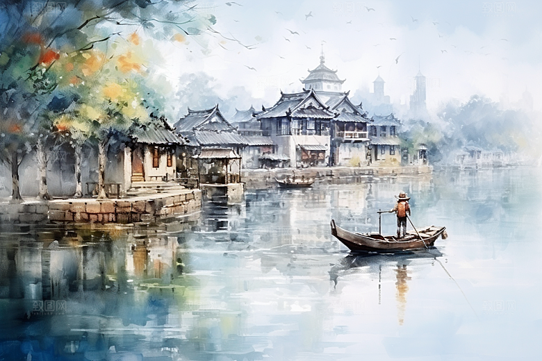 水墨江南小镇中国风插画
