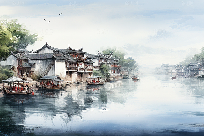 水墨江南手绘水乡插画