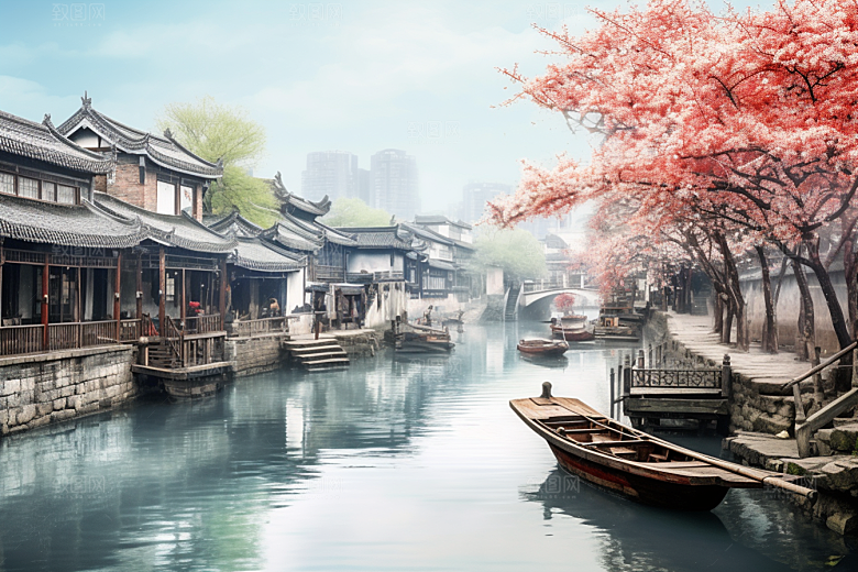 水墨江南小桥流水水乡插画