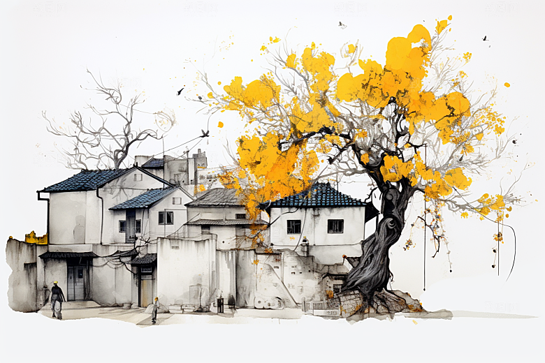 水墨江南水乡晕染插画