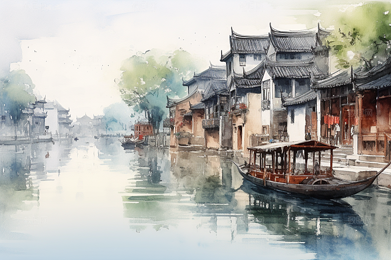 水墨江南晕染小镇插画