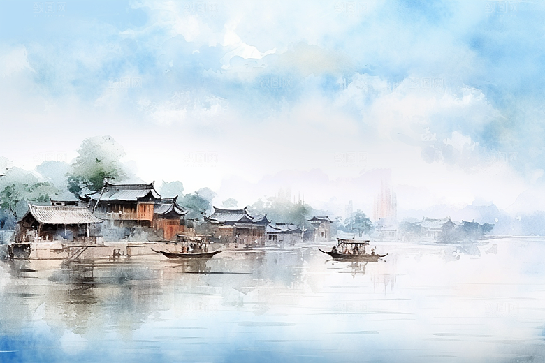 水墨江南小桥流水中式插画