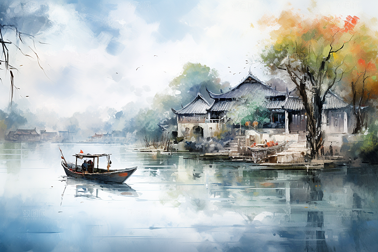 水墨江南中式晕染插画