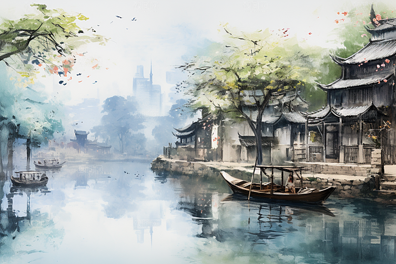 水墨江南粉墙黛瓦中式插画