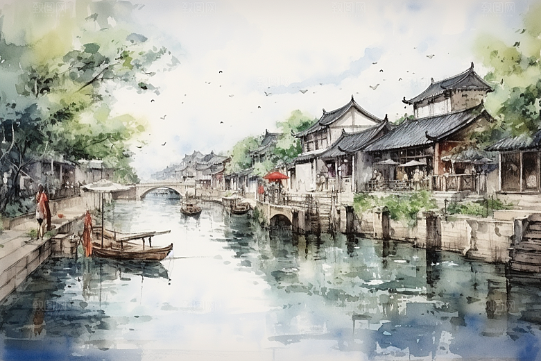 水墨江南水乡水彩插画