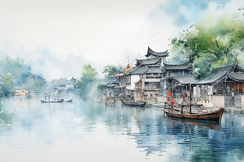 水墨江南粉墙黛瓦中式插画