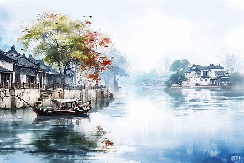 水墨江南中国风水彩插画