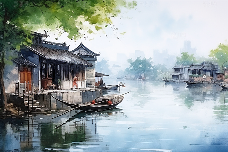 水墨江南小镇中国风插画