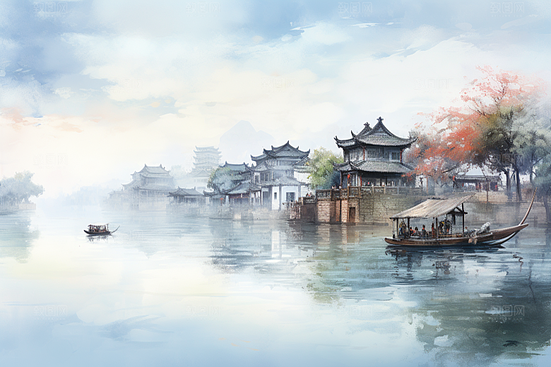 水墨江南小桥流水中式插画