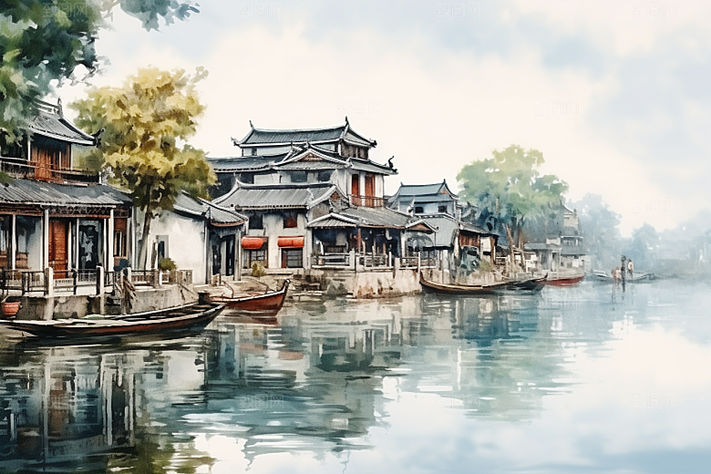 水墨江南中式粉墙黛瓦插画