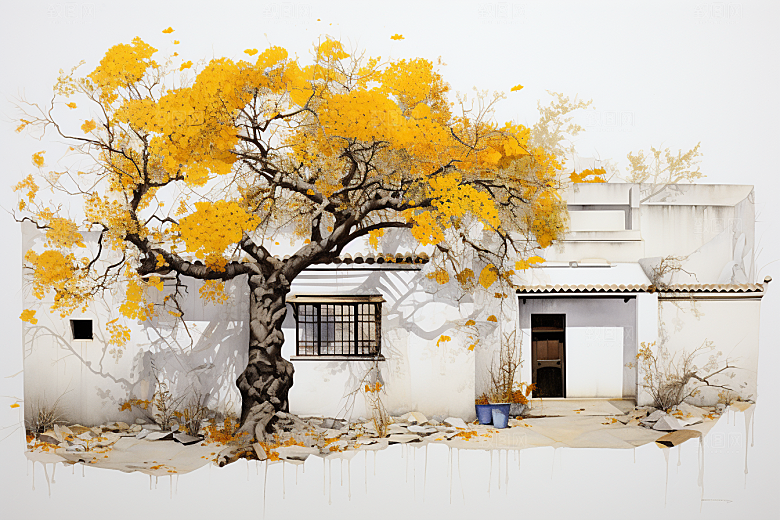 水墨江南中国风粉墙黛瓦插画