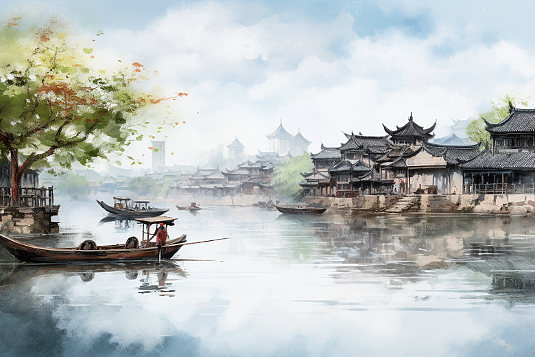 水墨江南中国风粉墙黛瓦插画