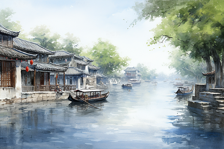 水墨江南小镇中国风插画