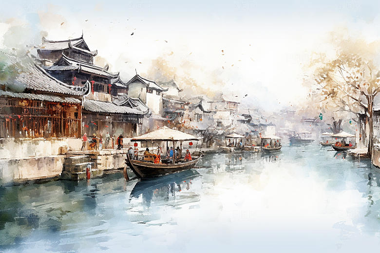 水墨江南中式粉墙黛瓦插画