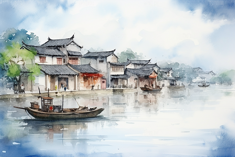 水墨江南水乡中国风插画