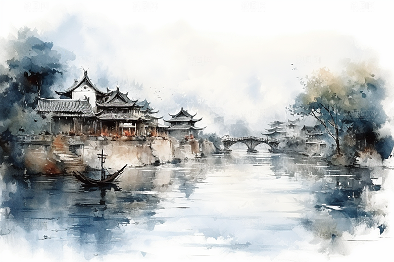 水墨江南水乡手绘插画