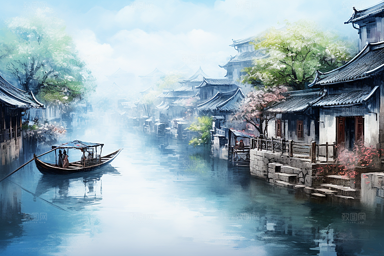 水墨江南小桥流水水彩插画