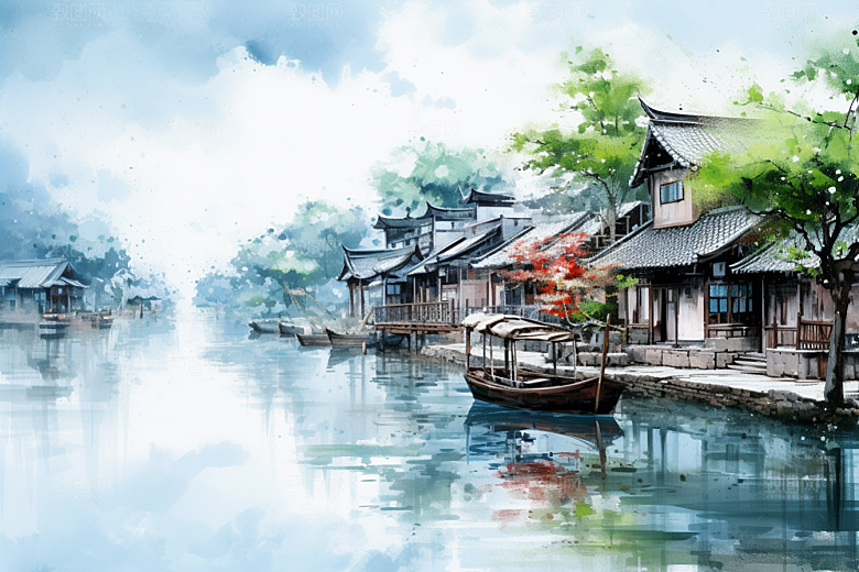 水墨江南水乡水彩插画