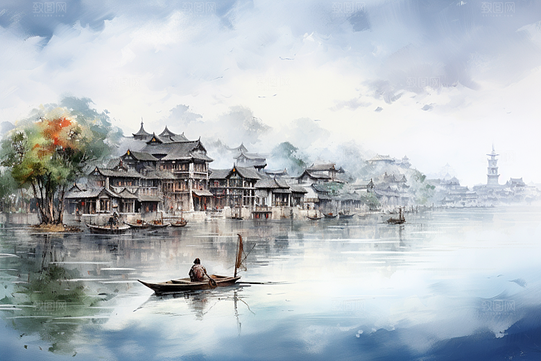 水墨江南水彩晕染插画