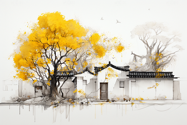 水墨江南水乡晕染插画