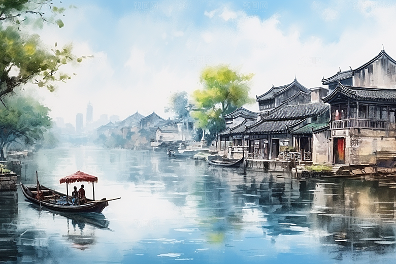 水墨江南中式手绘插画
