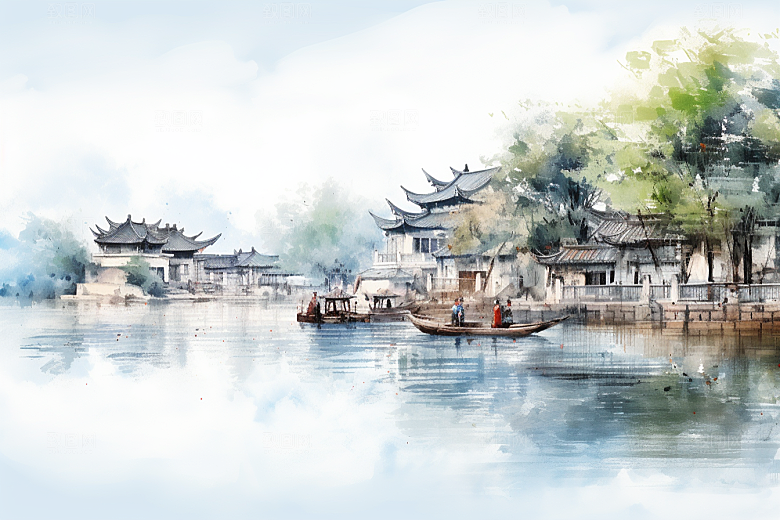 水墨江南粉墙黛瓦水彩插画