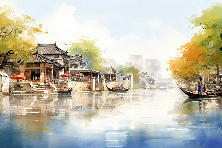 水墨江南小桥流水水彩插画