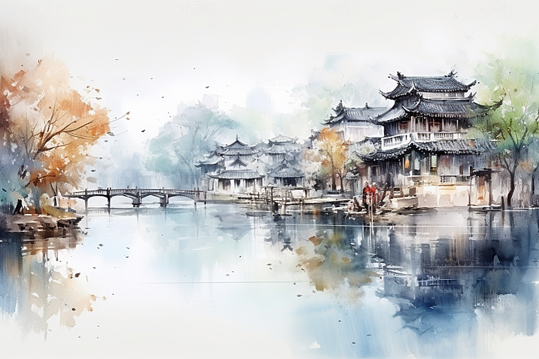 水墨江南中国风粉墙黛瓦插画