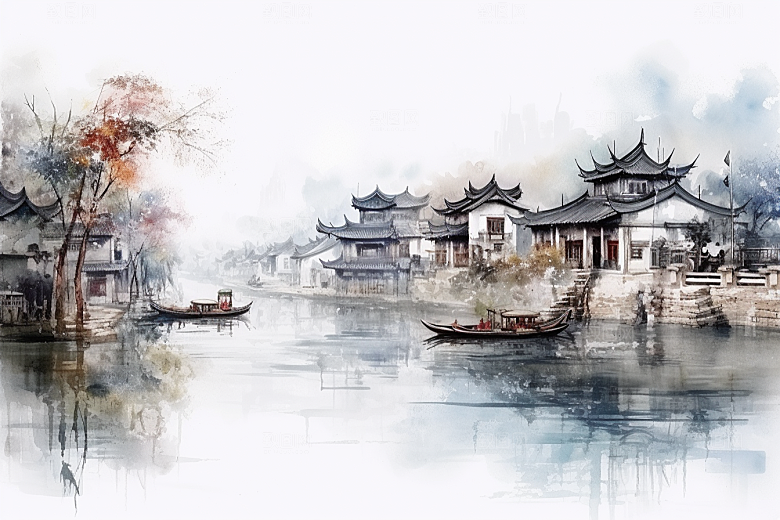 水墨江南水乡小桥流水插画
