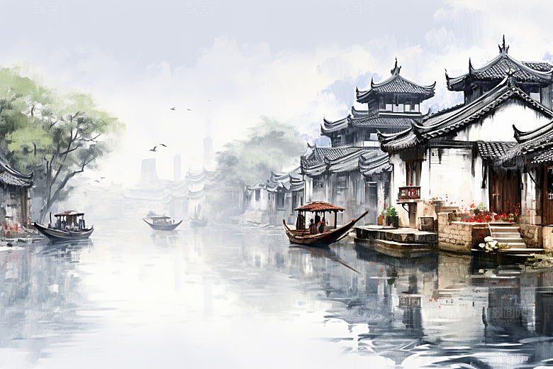 水墨江南粉墙黛瓦小桥流水插画