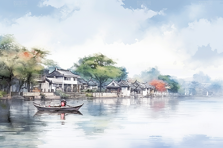 水墨江南小镇小桥流水插画