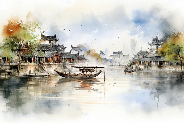 水墨江南小镇粉墙黛瓦插画