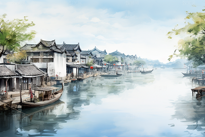 水墨江南水彩中国风插画
