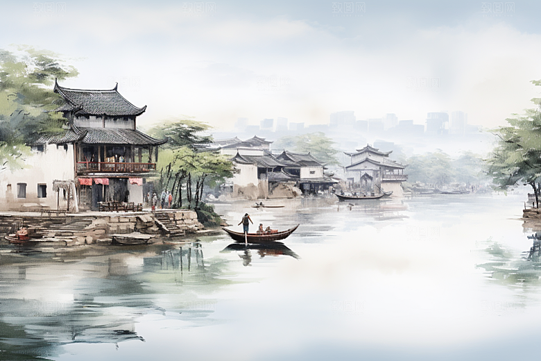 水墨江南水乡小桥流水插画