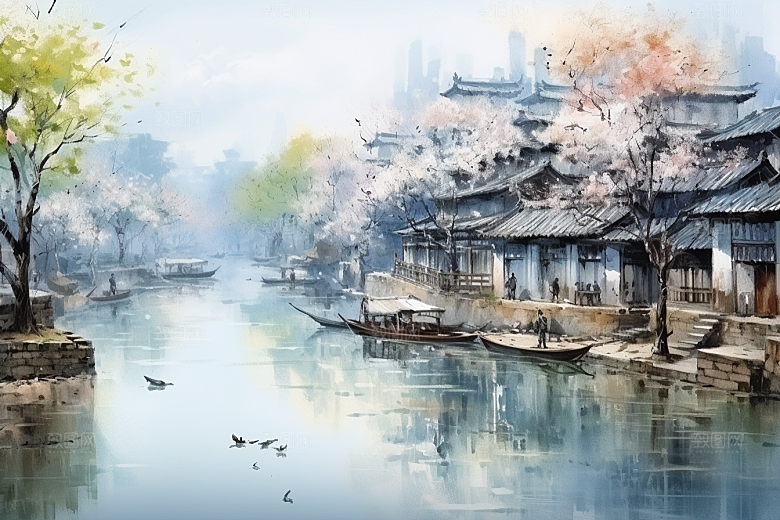 水墨江南小桥流水晕染插画