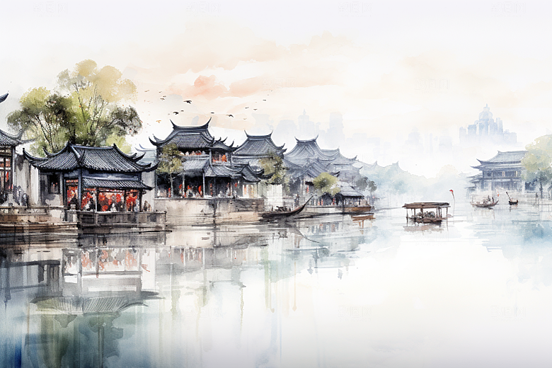 水墨江南中式水乡插画