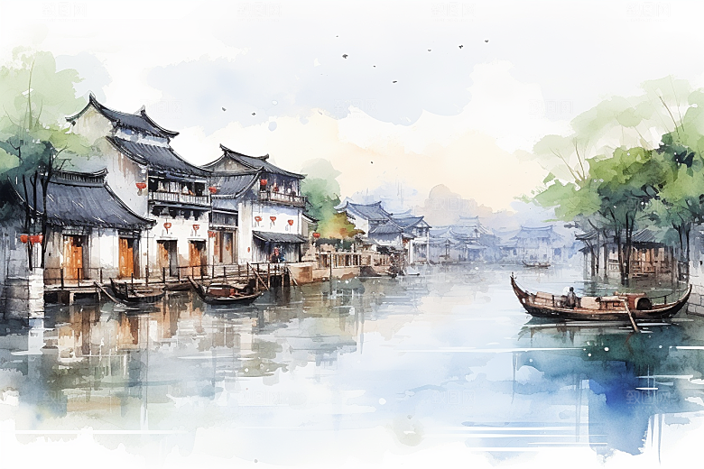 水墨江南粉墙黛瓦手绘插画