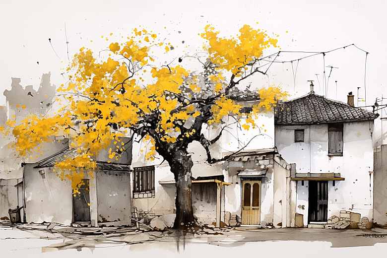 水墨江南中式水彩插画