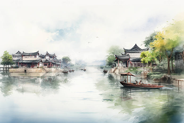 水墨江南中国风水彩插画