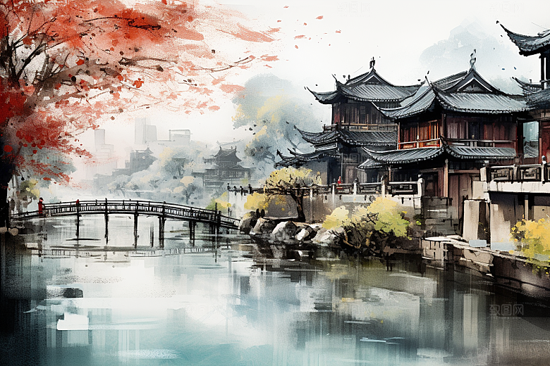 水墨江南中国风粉墙黛瓦插画