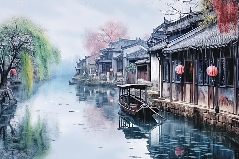 水墨江南粉墙黛瓦小镇插画