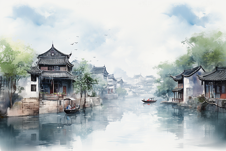 水墨江南粉墙黛瓦水乡插画