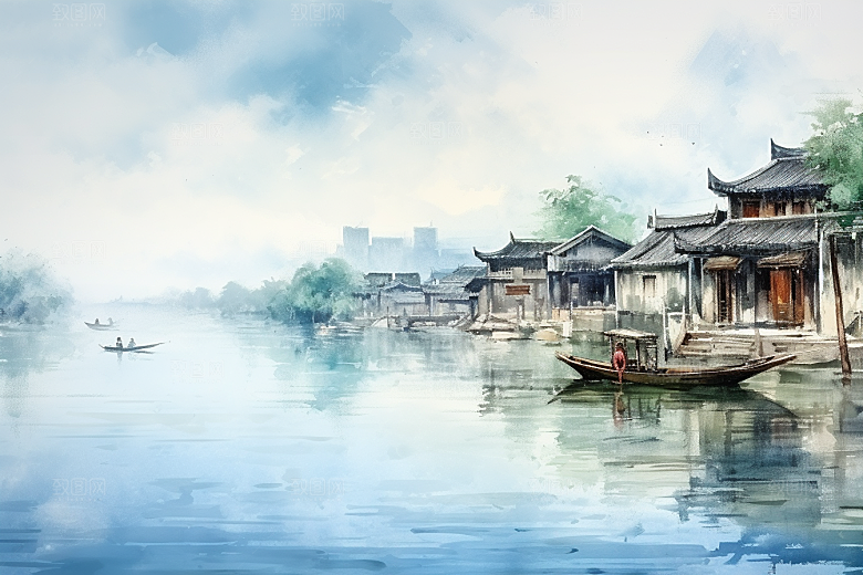 水墨江南小桥流水中国风插画