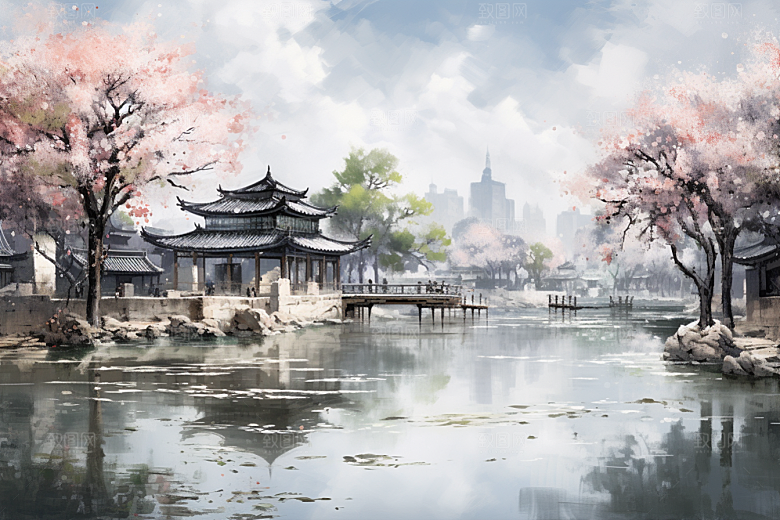 水墨江南晕染小桥流水插画