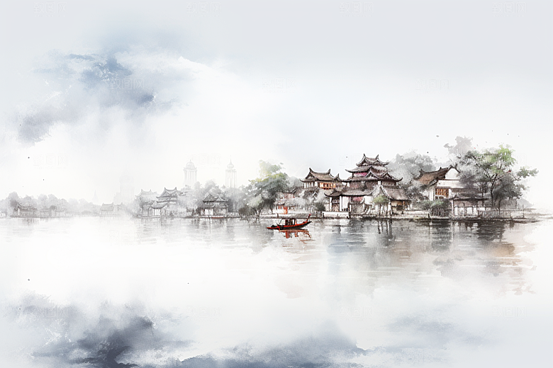 水墨江南中国风小镇插画