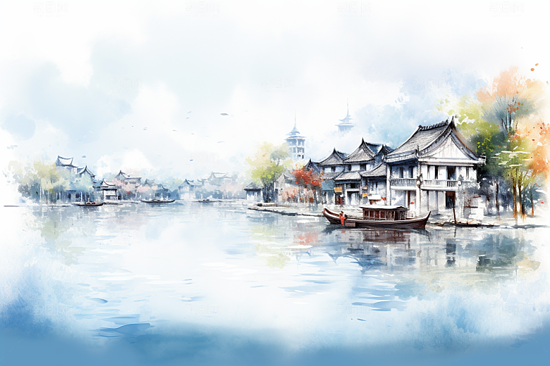 水墨江南水乡中式插画