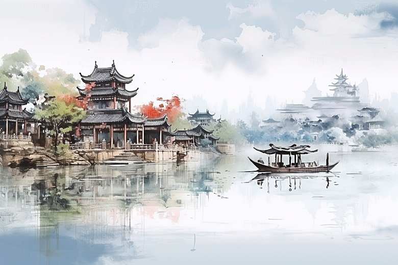 水墨江南粉墙黛瓦晕染插画