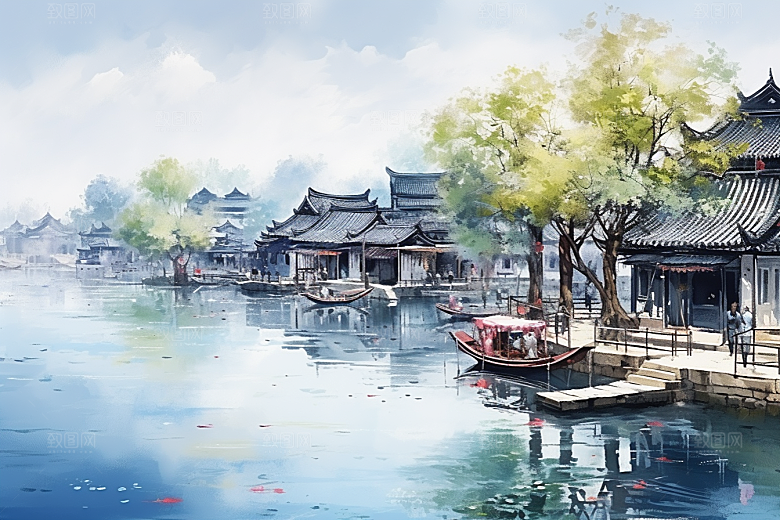 水墨江南小镇水彩插画