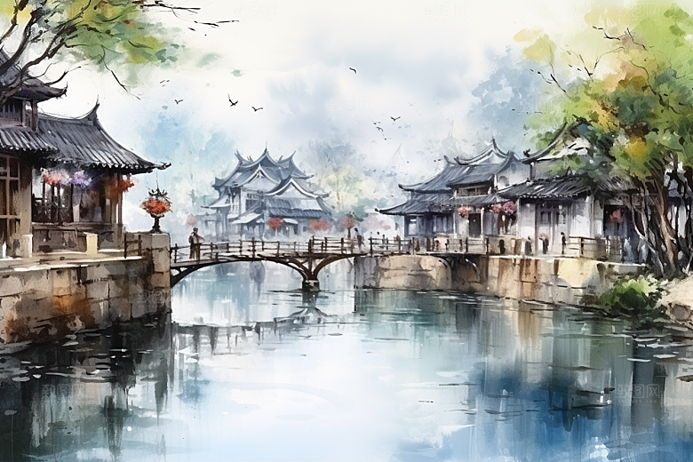 水墨江南水乡粉墙黛瓦插画