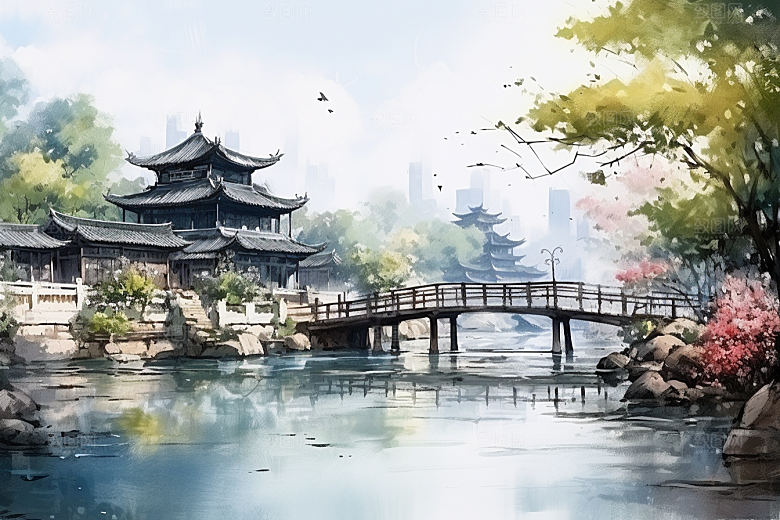 水墨江南粉墙黛瓦小桥流水插画
